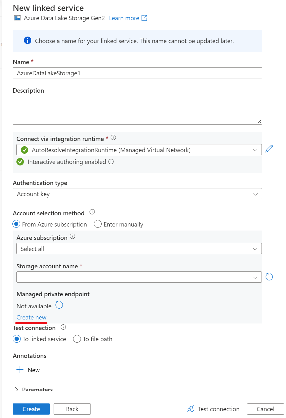 새로운 Azure SQL Server 2022 데이터베이스 연결된 서비스 프라이빗 엔드포인트 1의 스크린샷