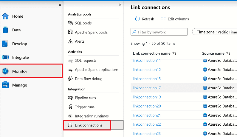 모니터 허브에서 Azure Synapse Link 연결의 상태를 모니터링하는 방법을 보여 주는 스크린샷