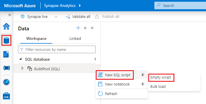 Synapse Studio에서 비어 있는 새 SQL 스크립트를 만드는 방법을 보여주는 스크린샷