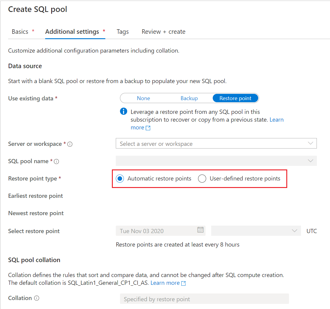 Azure Portal, SQL 풀 만들기 페이지, 추가 설정 페이지의 스크린샷 복원 지점 유형의 경우 자동 복원 지점 라디오 단추가 선택됩니다.