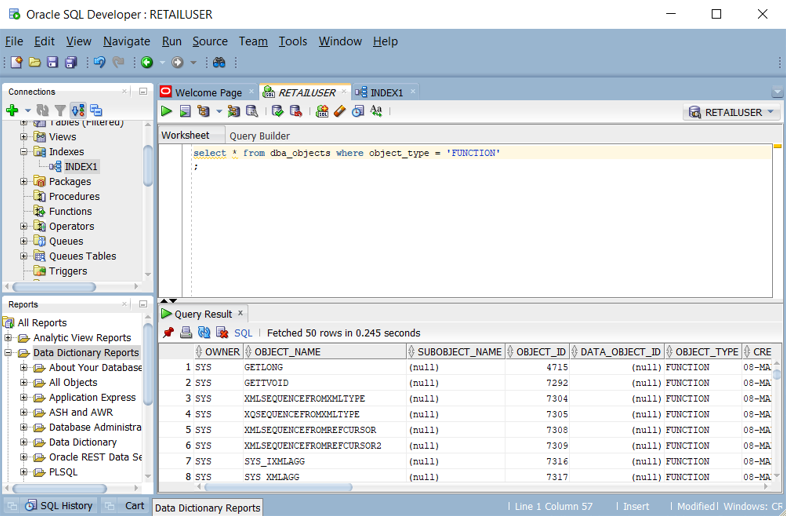 Oracle SQL Developer에서 함수 목록을 쿼리하는 방법을 보여 주는 스크린샷.