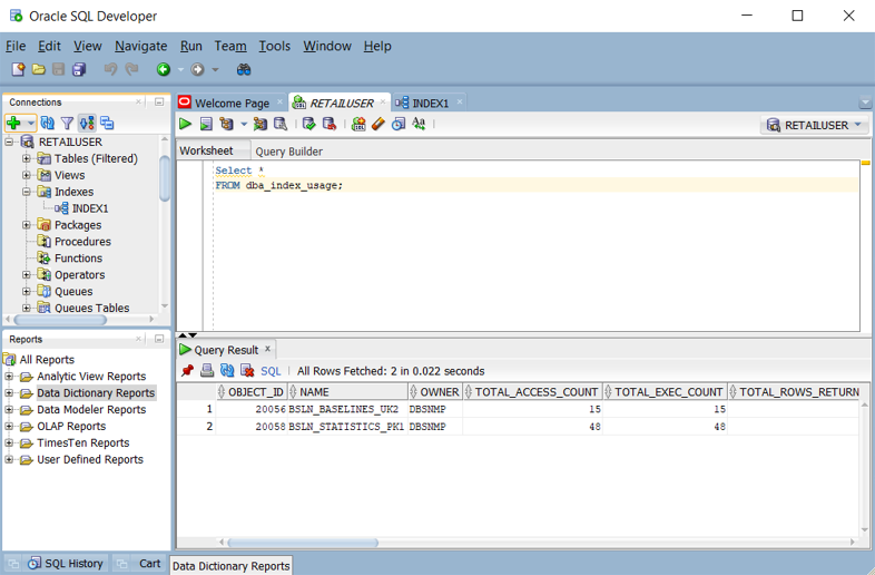 Oracle SQL Developer에서 사용되는 인덱스를 알아보는 방법을 보여 주는 스크린샷.