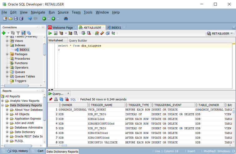 Oracle SQL Developer에서 트리거 목록을 쿼리하는 방법을 보여 주는 스크린샷.