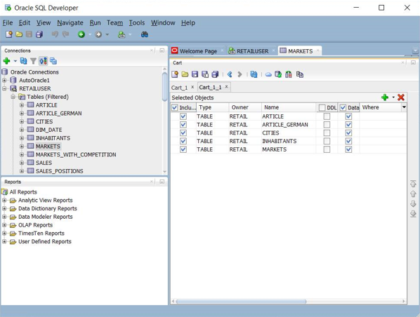 SQL Developer 카트 옵션 UI 스크린샷