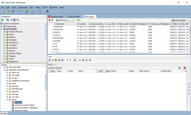 Oracle SQL Developer에서 사용자 역할에 대한 보고서 창을 보여 주는 스크린샷.