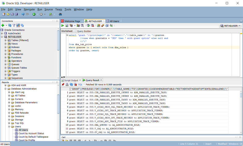 Oracle SQL Developer에서 CREATE 및 GRANT 문의 스크립트를 만드는 방법을 보여 주는 스크린샷.