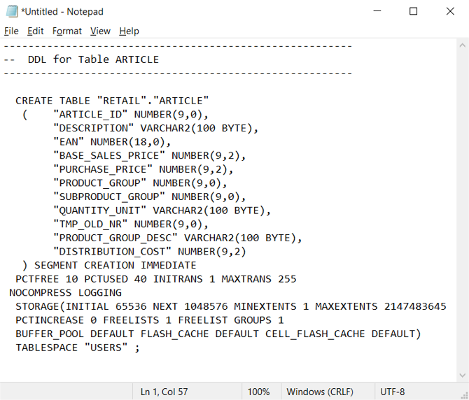 Oracle SQL Developer의 빠른 DDL 메뉴 옵션을 보여 주는 스크린샷