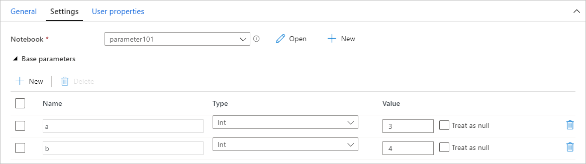 Azure Synapse Analytics에서 매개 변수를 할당하는 영역의 스크린샷.