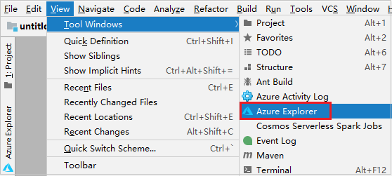 Azure Explorer를 표시하는 IntelliJ IDEA