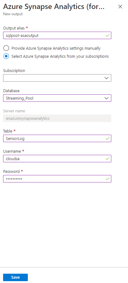 완료된 Azure Synapse Analytics 양식