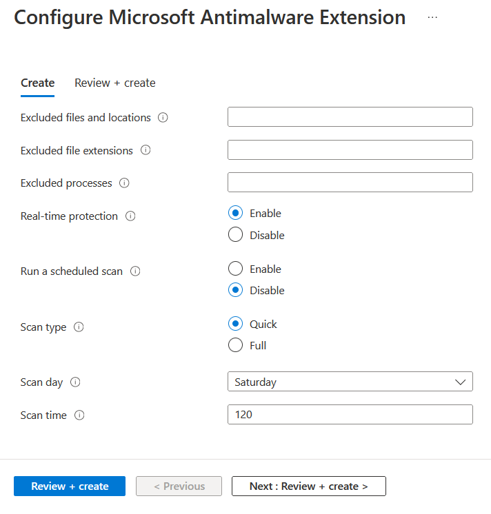 Microsoft Antimalware 확장 설치 대화 상자의 스크린샷