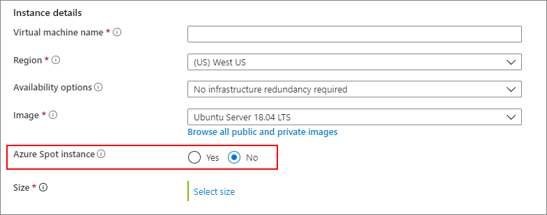 아니요(Azure 스폿 인스턴스 사용 안 함)를 선택하는 화면 캡처