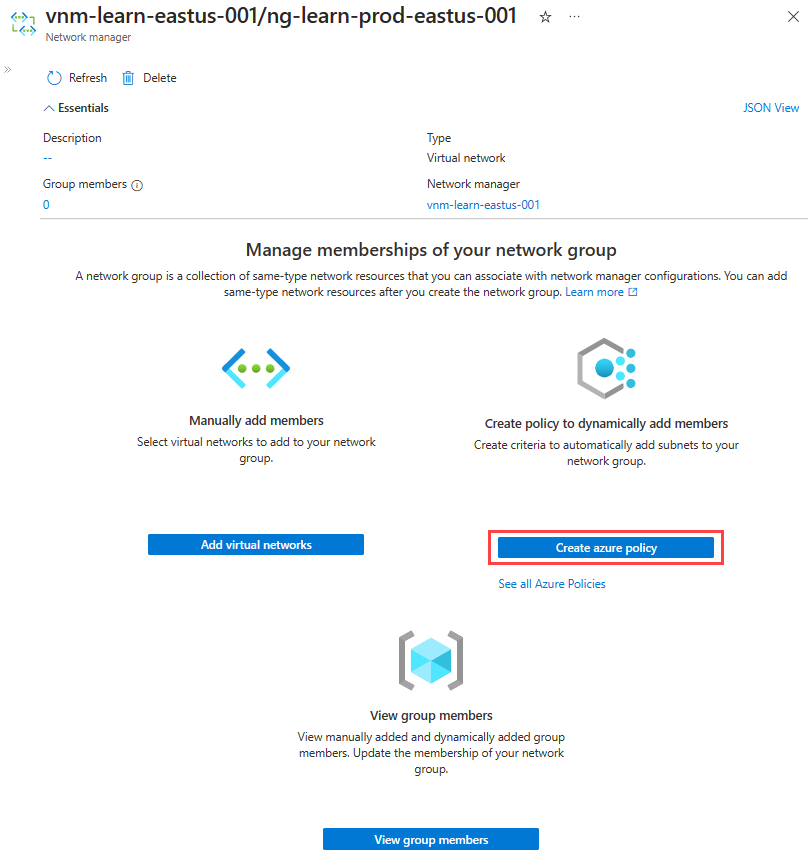 Azure Policy를 만드는 단추를 보여 주는 스크린샷.