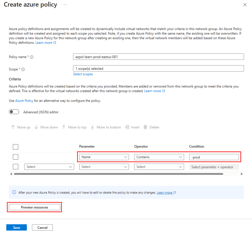 정의 조건을 포함하여 Azure Policy를 만들기 위한 창의 스크린샷.