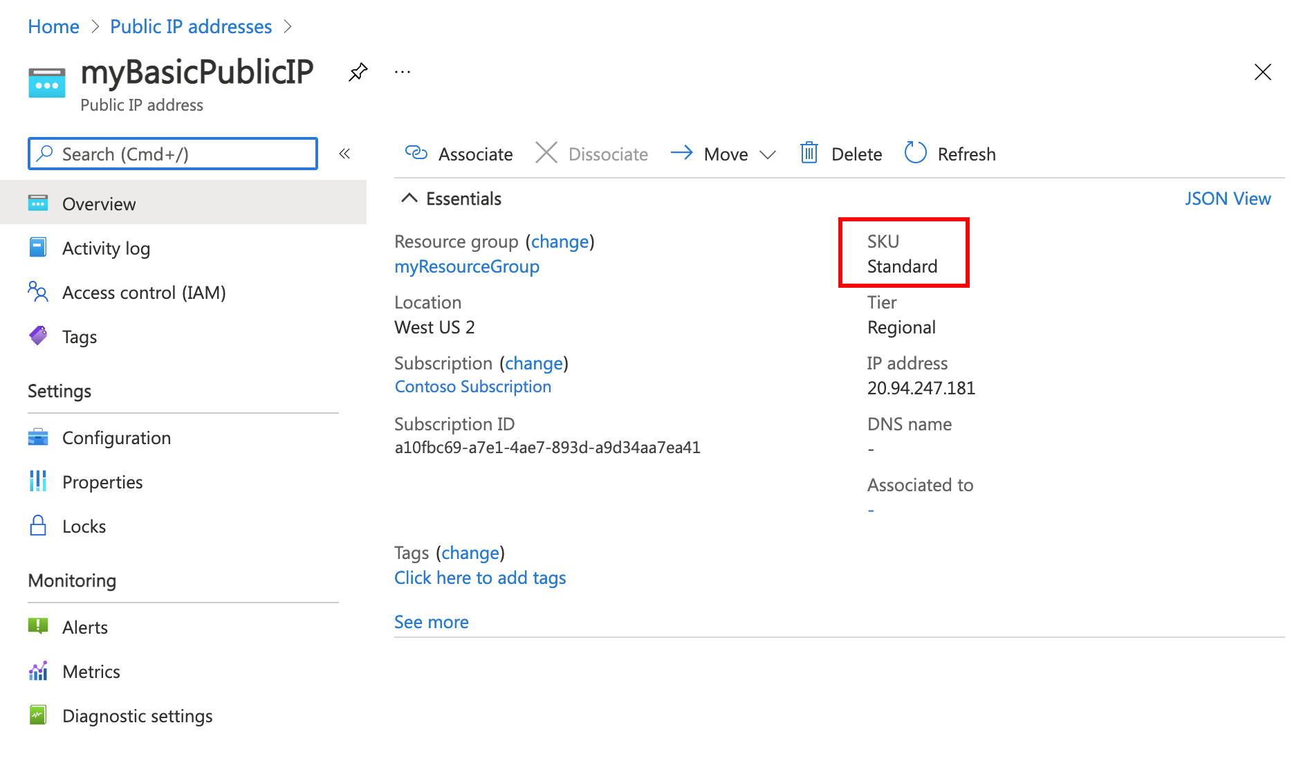 Screenshot showing public IP address is standard SKU.