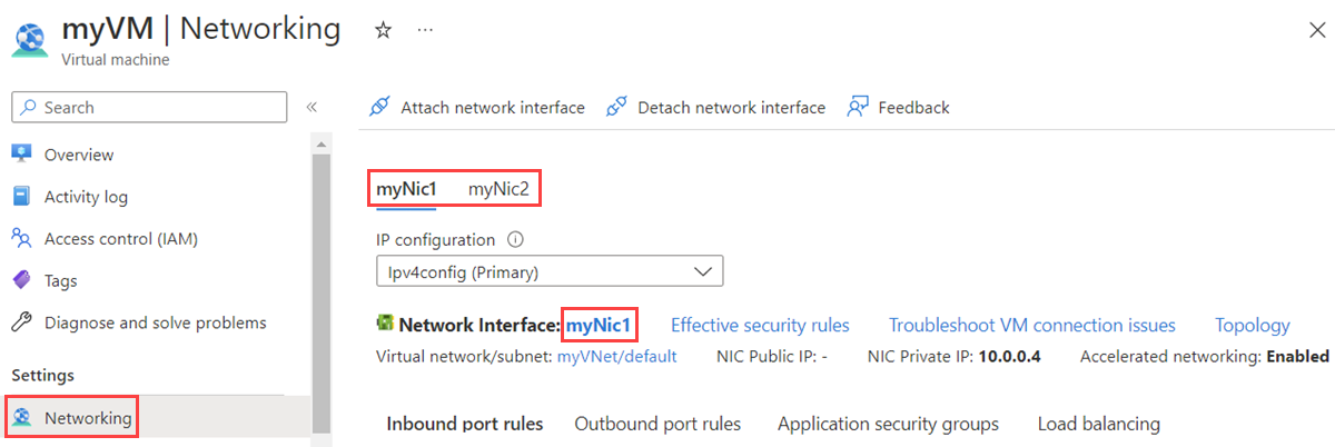 Azure Portal에서 가상 머신에 네트워크 인터페이스 연결에 대한 스크린샷.