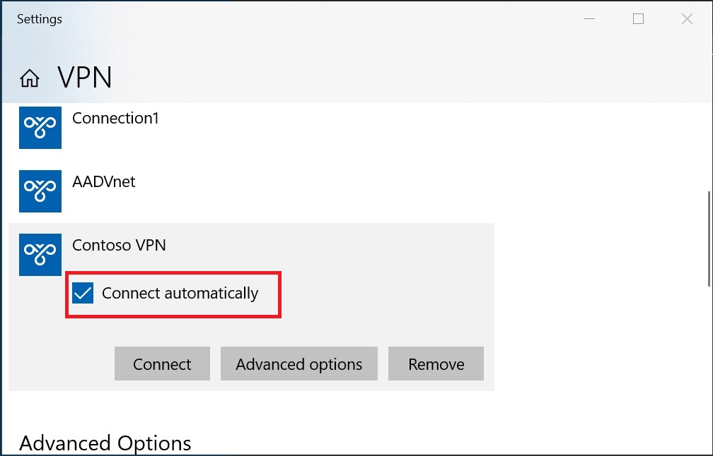 Screenshot shows a Settings dialog box where you can select Connect automatically.