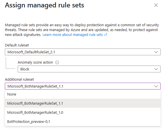 '추가 규칙 집합' 드롭다운 필드가 강조 표시된 관리형 규칙 할당 페이지를 보여 주는 Azure Portal 스크린샷