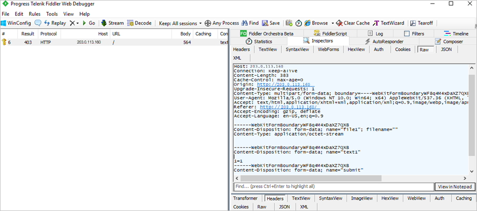 Progress Telerik Fiddler Web Debugger 스크린샷. 원시 탭에서 이름 text1 뒤에 1=1이 표시됨