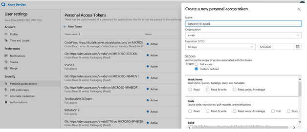 Azure DevOps에서 계정의 모든 개인용 액세스 토큰을 참조하세요.