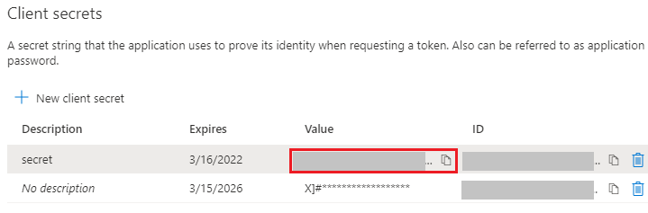 Get the new client secret from the Certificates & secrets pane.