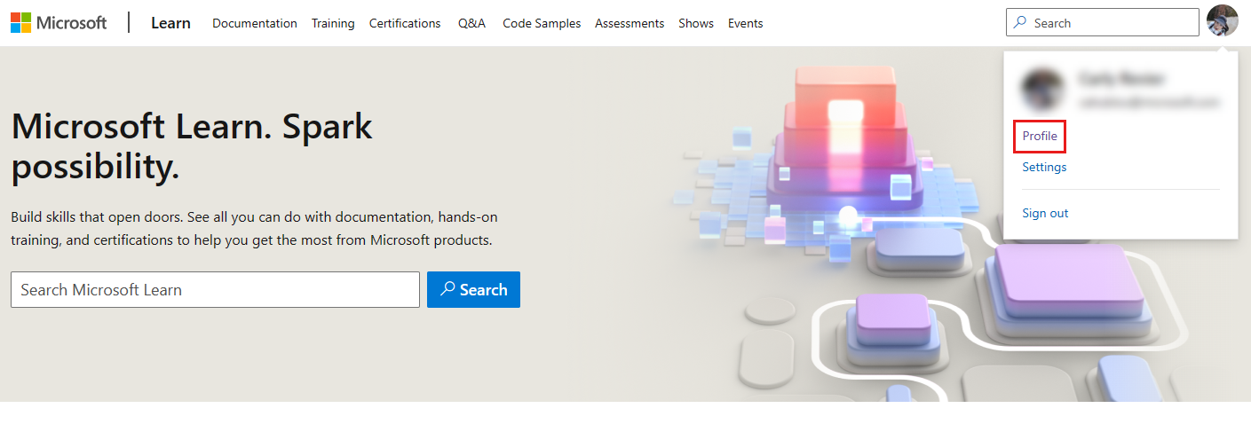 프로필 드롭다운 메뉴가 표시된 Microsoft Learn 홈페이지의 스크린샷