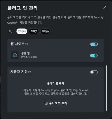 플러그 인의 사용자 지정 섹션 스크린샷