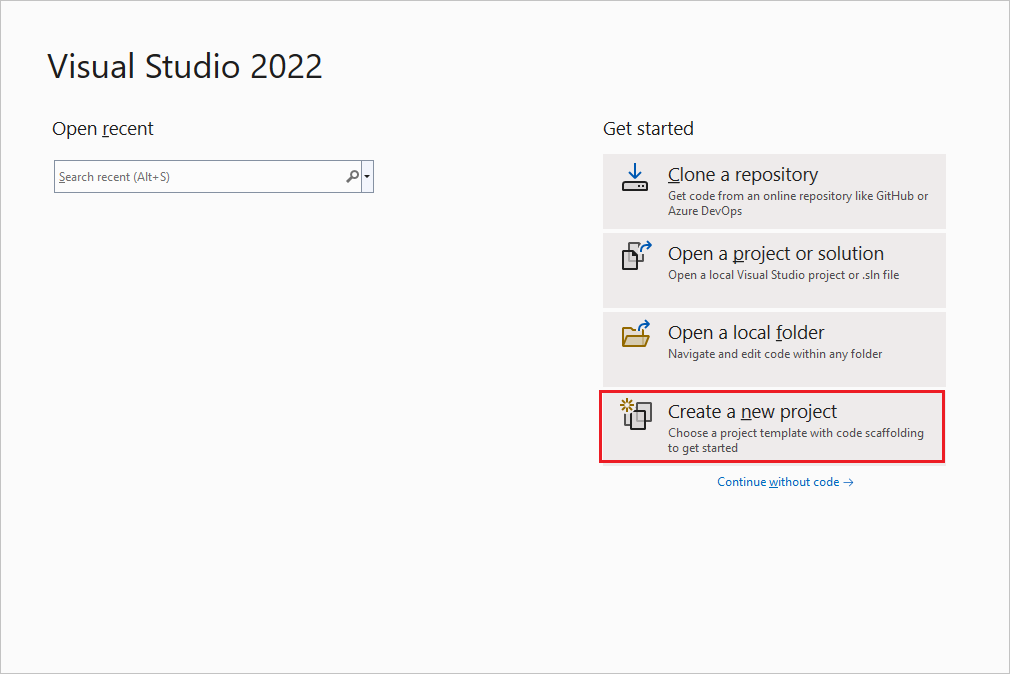 Visual Studio 2022가 시작될 때 나타나는 대화 상자의 스크린샷