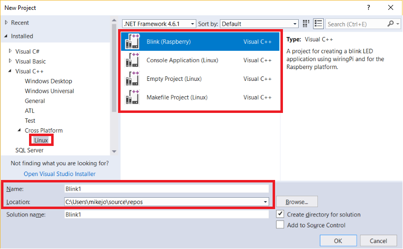 Visual C++ > 플랫폼 간 > Linux가 있는 새 프로젝트 대화 상자가 선택되고 모든 프로젝트 형식과 이름 및 위치 텍스트 상자가 호출됩니다.