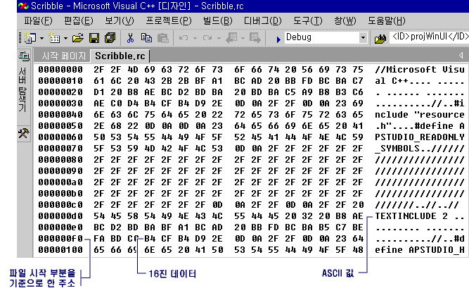 이진 편집기의 스크린샷.