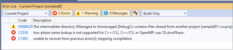 오류 목록의 컴파일러 및 MSBuild 오류를 보여 주는 스크린샷