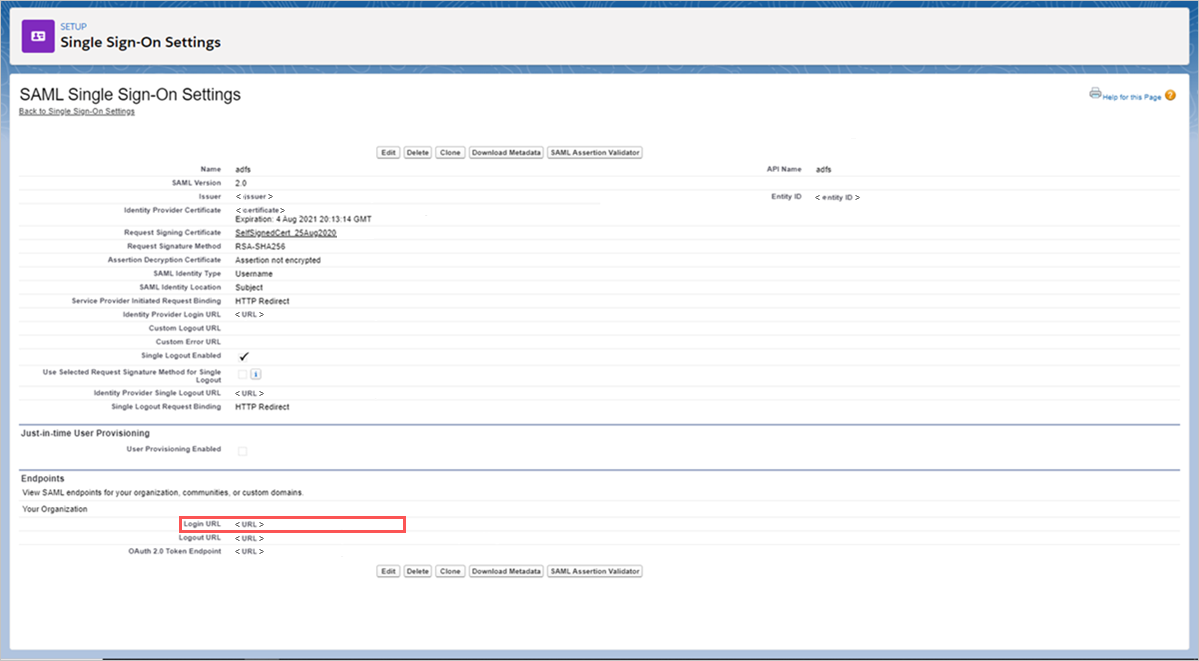 Salesforce SSO 로그인 URL을 선택합니다.