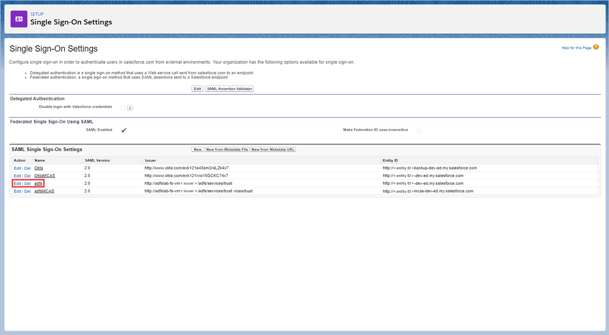 Salesforce SSO 설정을 선택합니다.