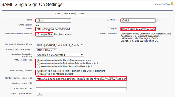 Defender for Cloud Apps SAML 세부 정보로 사용자 지정 Salesforce 앱을 업데이트합니다.