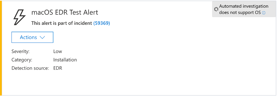 심각도, 범주, 검색 원본 및 축소된 작업 메뉴를 보여 주는 macOS EDR 테스트 경고를 보여 주는 스크린샷