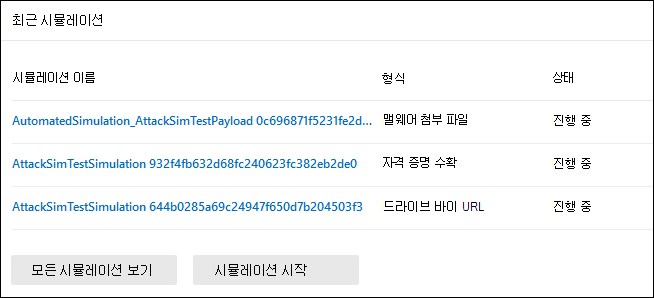 최근 시뮬레이션은 Microsoft Defender 포털의 공격 시뮬레이션 훈련 개요 탭에 카드.