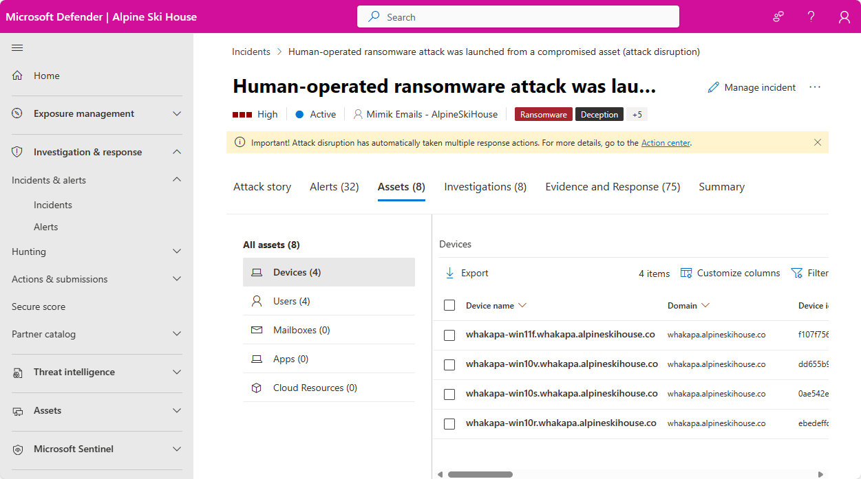 Microsoft Defender 포털의 인시던트에 대한 사용자 페이지의 스크린샷.