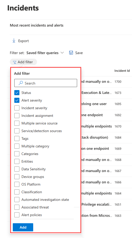 Microsoft Defender 포털의 인시던트 큐에 대한 필터 창입니다.