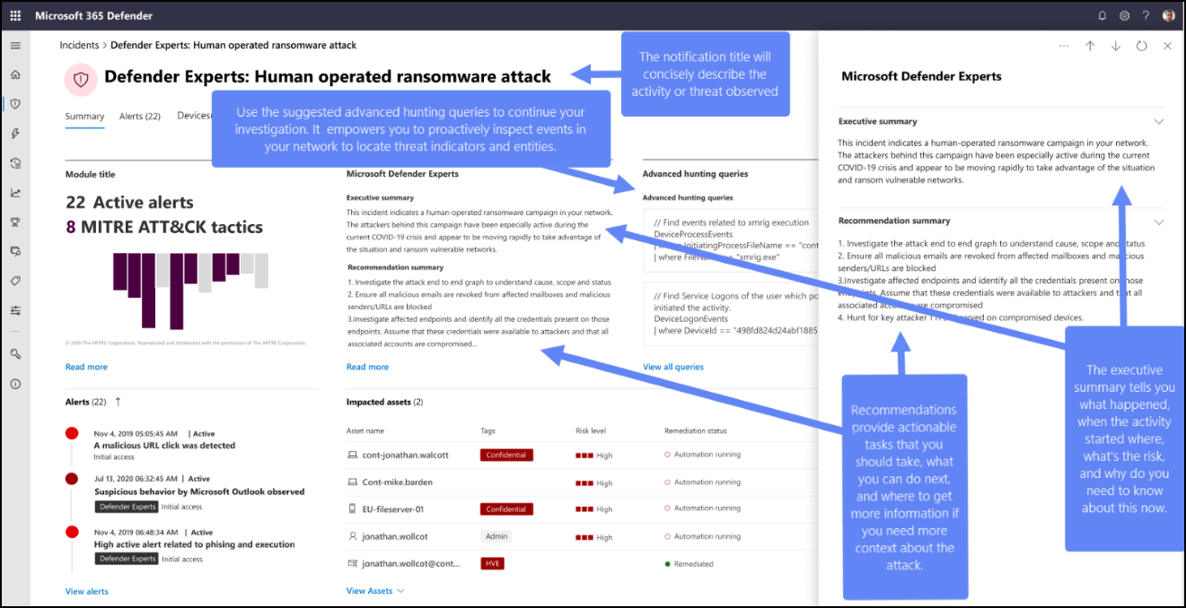 Microsoft Defender XDR Defender 전문가 알림의 스크린샷 Defender 전문가 알림에는 관찰된 위협 또는 활동을 설명하는 제목, 요약 및 권장 사항 목록이 포함됩니다.