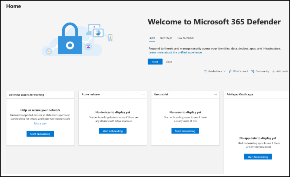 헌팅용 Defender 전문가 서비스에 대한 카드 있는 Microsoft Defender XDR 시작 페이지의 스크린샷