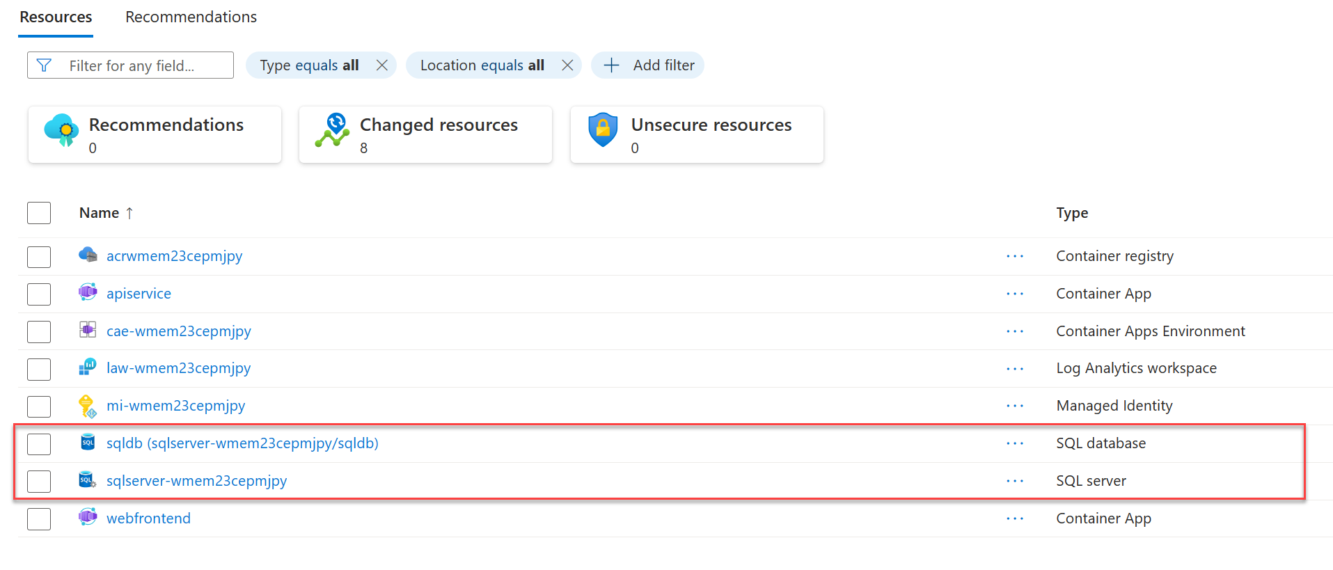 배포된 Azure SQL Database를 보여 주는 스크린샷