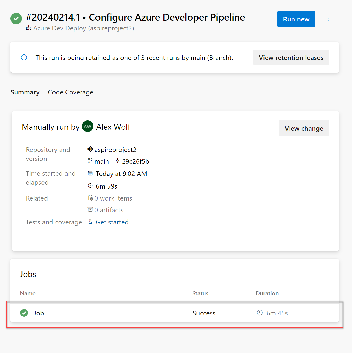 Azure 파이프라인 실행의 요약 보기를 보여 주는 스크린샷