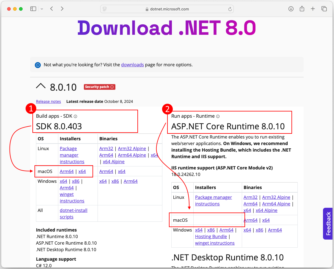 SDK 및 런타임 다운로드 링크를 보여주는 .NET 다운로드 웹 사이트입니다. SDK 및 런타임 헤더는 빨간색 상자로 강조 표시됩니다. 각 상자에는 macOS 섹션을 가리키는 화살표가 있습니다.