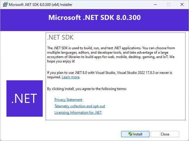 .NET 설치 관리자 앱 창의 스크린샷입니다.