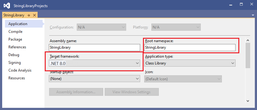 Project properties for the class library