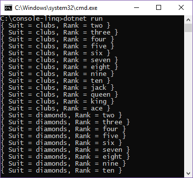 A console window showing the app writing out 52 cards.