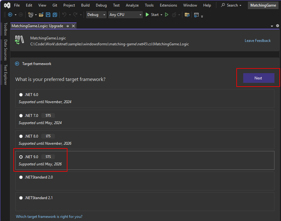 .NET 업그레이드 도우미의 스크린샷. 대상 프레임워크 프롬프트가 열려 있고 .NET 8이 '다음' 단추와 함께 강조 표시됩니다.