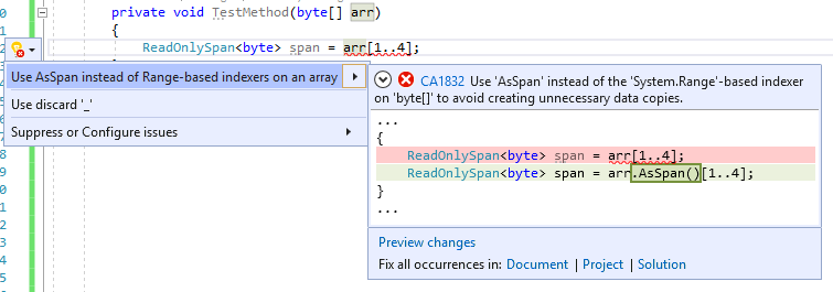 CA1832에 대한 코드 수정 사항 - 배열의 ReadOnlySpan 또는 ReadOnlyMemory 부분을 가져오려면 범위 기반 인덱서 대신 AsSpan 또는 AsMemory를 사용