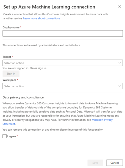 Azure Machine Learning 연결 페이지의 스크린샷.