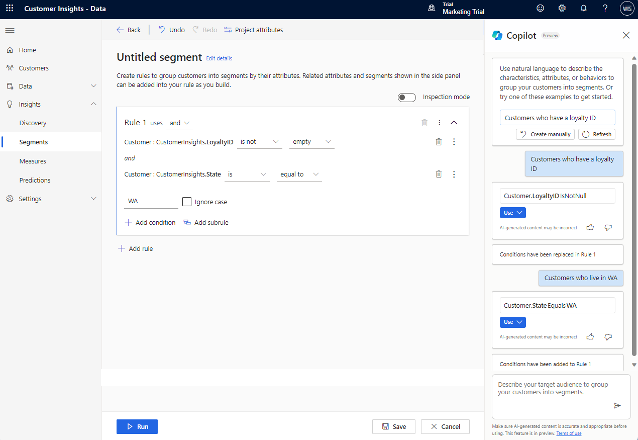 Customer Insights - Data에서 Copilot이 생성한 세그먼트 규칙의 스크린샷.